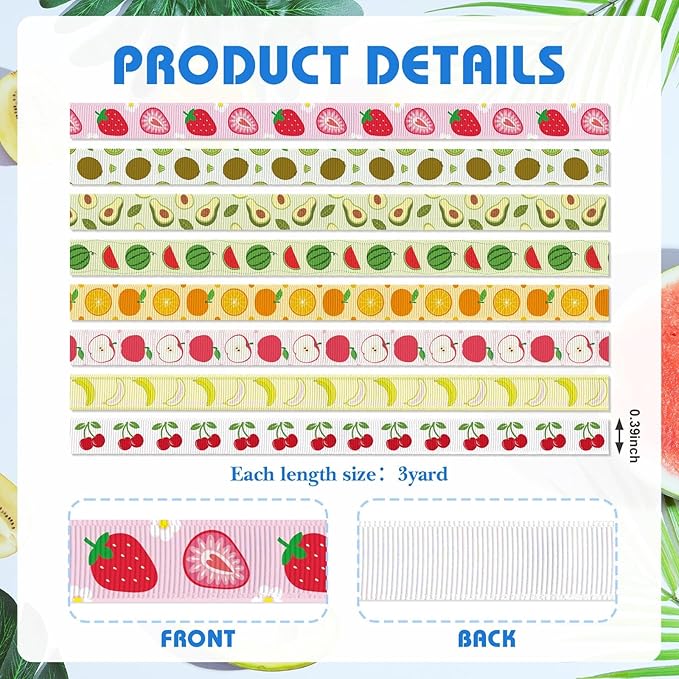 YKW 8 Pack Fruit Grosgrain Ribbon 3/8 Inch x 3 Yards - Strawberry Banana Apple Orange Cherry Watermelon Kiwi Avocado Ribbon Set for DIY Crafts Party Decoration Gifts