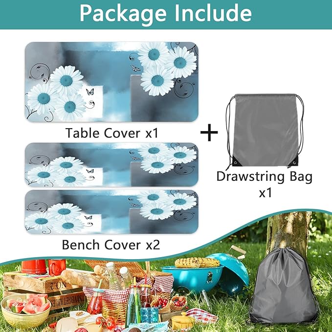 Picnic Table Cover with Bench Covers and Bag, Daisy Outdoor Waterproof Windproof Tablecloth with Elastic Edges. Camping Accessories RV Gear Campers Must Have 60x30 Inches 3 Pcs Set (Teal)