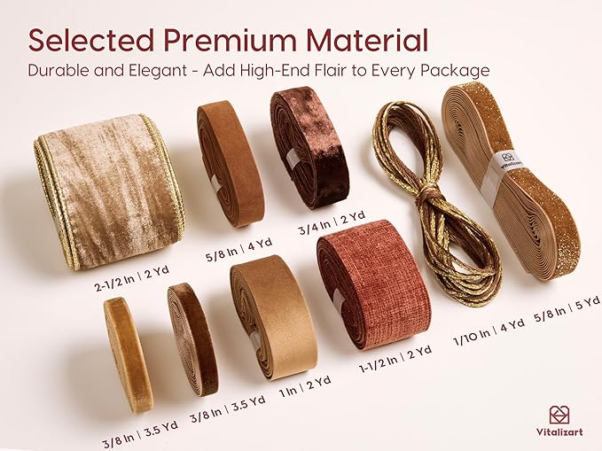 Vitalizart Brown Velvet Ribbon 9 Rolls with Gift Tags Luxury Textured Ribbon for Christmas Gift Wrapping Tree Ornaments Bows Wreaths Holiday Decorations