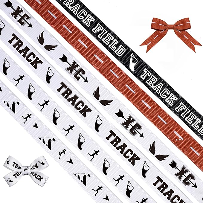 Track and Cross Country Ribbon Set 6 Rolls of Polyester Athletic Ribbon with Track, XC, and Runner Designs, 30 Yards x 3/8inch Track Meet Ribbons for Gifting Wrapping, DIY Crafting, Team Decor
