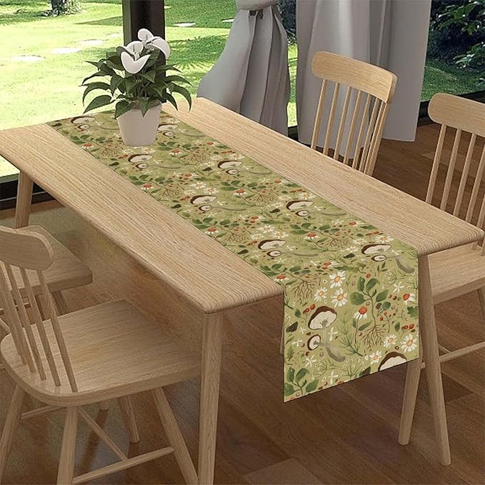 Mushroom Table Runner, Rustic Farmhouse Forest Plants Botanical Country Green Coffee Table Center Decor for Home Kitchen Dining Patio Holiday Party Indoor Table Decorations, 13"x36" Inch