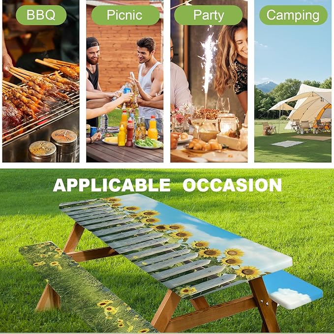ANNA QUEEN 6FT Sunflower Picnic Table Cover with Bench Covers Spring Picnic Table Cover Set 3PCS 72"x30", Waterproof Outdoor Bench and Tablecloth Furniture Protection for Camping Beach