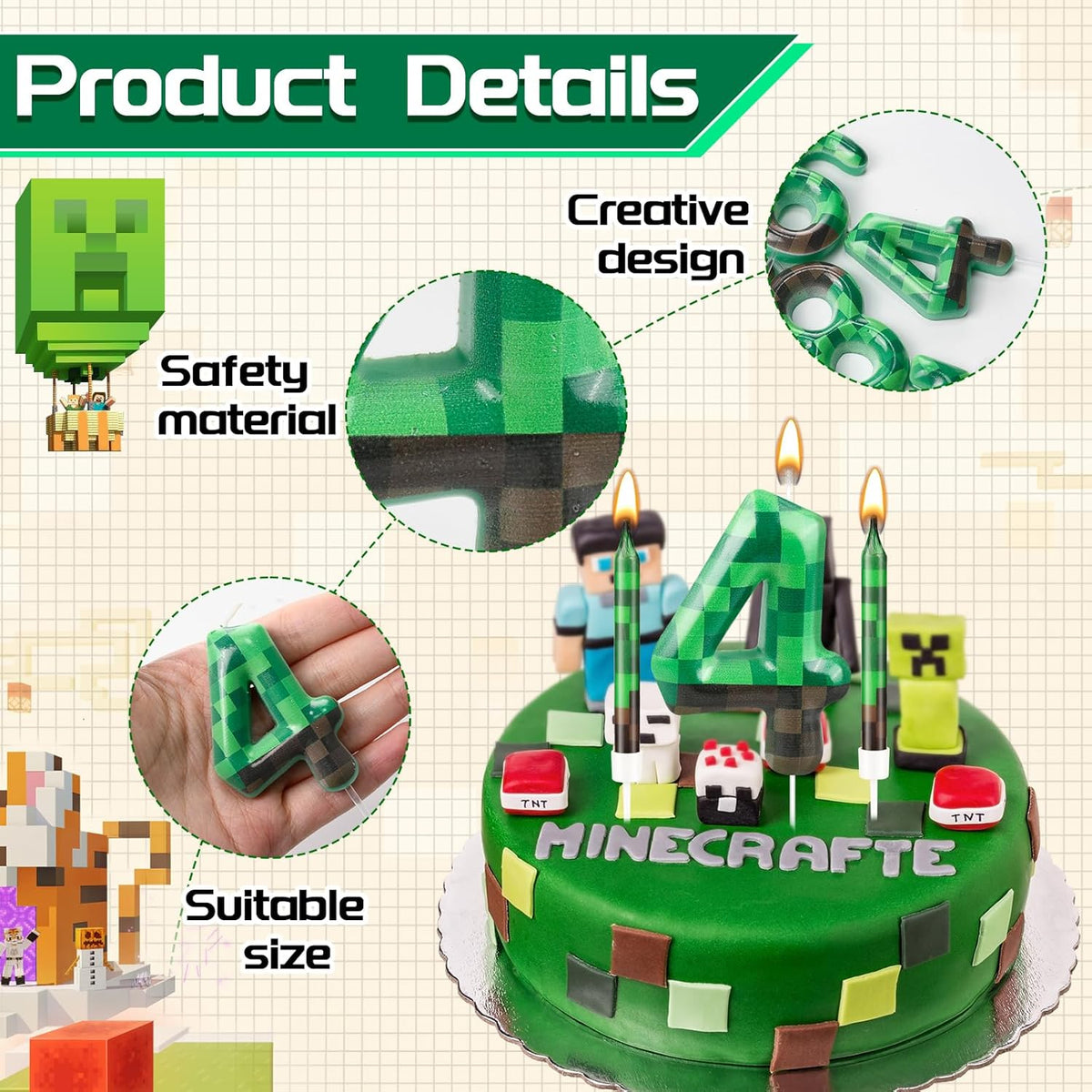 13 Pcs Dynamite Candles 12 TNT Themed Birthday Cake Candles and Number 4 Candle Cake Topper for Pixel Theme Birthday Party Anniversary Party Dynamite Theme Party Video Game Party Supplies (Number 4)