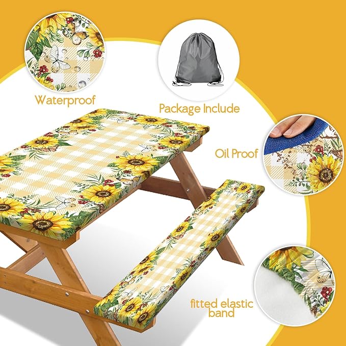 Sunflower Picnic Table Cover with Bench Covers, Yellow Buffalo Plaid Summer Floral Farmhouse Waterproof Tablecloth for Camping Indoor Outdoor Party Decorations, 30X72in