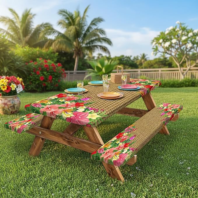 JAWO Hawaiian Tropical Floral Picnic Table Cover with Bench Covers, 3PCS Waterproof Polyester Elastic Fitted Outdoor Tablecloth, Camping BBQ RV Patio Luau Party Essentials with Carry Bag,96in