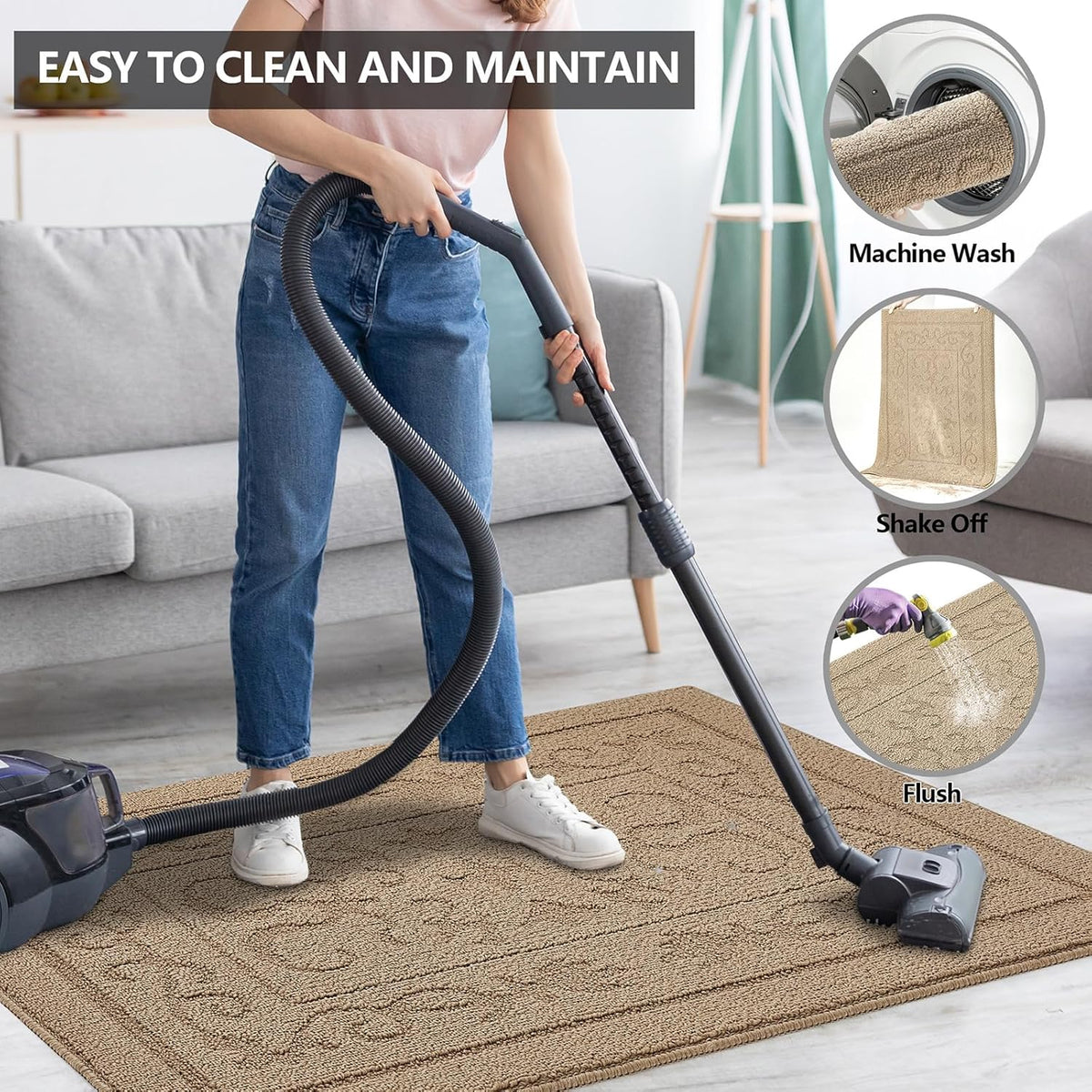 FONEYI Indoor Door Mat 32" x 48", Dirt Trapper Door Mats Non-Slip Entryway Rugs Washable, Absorbent Resist Dirt Welcome Mat, Low Profile Inside Floor Mats for Front Back Door and Entryway, Beige