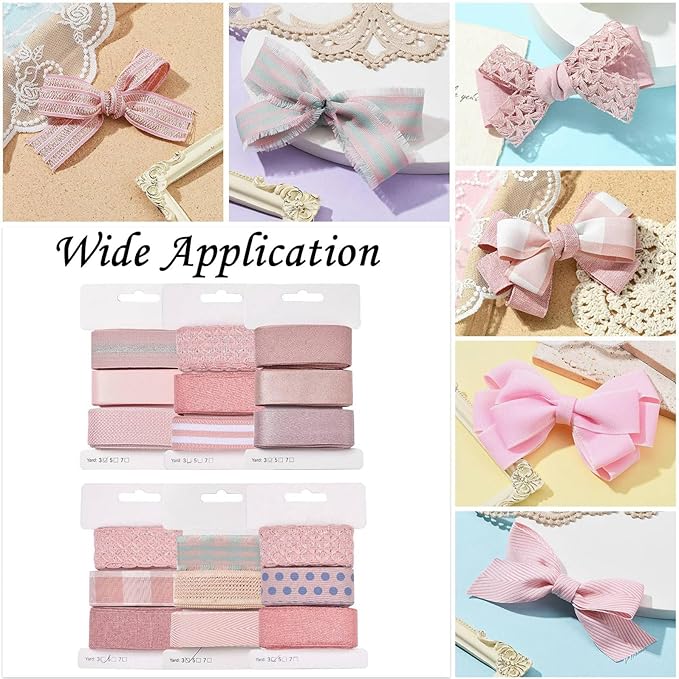 BEEFLYING 3 Styles Pink Wire Edged Ribbons for Gift Wrapping Decoration 25~28mm×2.7m Stripe Ribbons Satin Ribbons for Wedding Party Decoration Hair Bows Flower Designs Sewing and Craft, 9 Yards