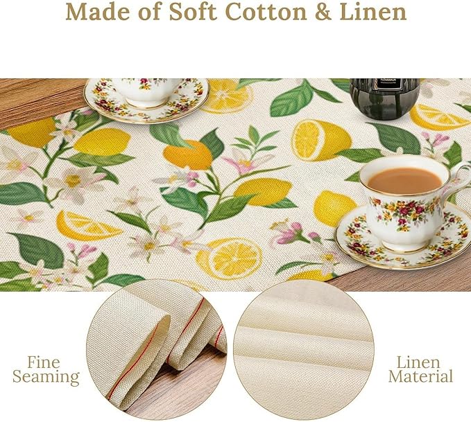 Yellow Lemon Table Runner,Spring Floral Summer Fruits Print Table Decoration for Farmhouse Kitchen Dinner Dining Table Holiday Party Home Decor 13x36in