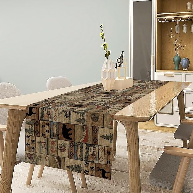 Wildlife Bear Table Runner, Rustic Cabin Animal Farmhouse Table Runner for Home Kitchen Dining Table Party Home 13x60in