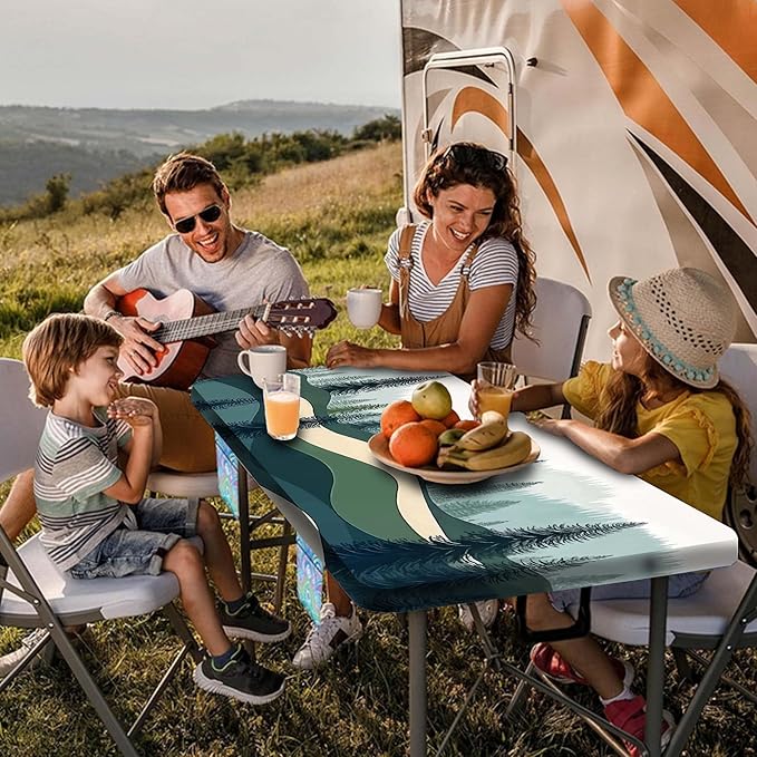 Picnic Table Cover with Bench Covers, Green Blue Camping Tablecloth Waterproof Windproof, Fitted Tablecloth Cover with Elastic Edge, for Indoor & Outdoor, Garden, Camping, 3 Pieces Set, 30x60 Inch