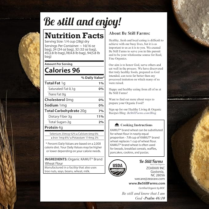 Be Still Farms Kamut Flour Organic Bulk - Bread Flour for Baking (4.8 lb) Khorasan - Organic Whole Wheat Flour Unbleached - High in Fiber, USA Grown
