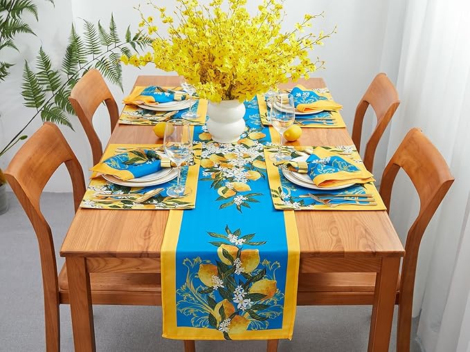 YiHomer Provence Blue Lemon Mediterranean Tile Tabletop for Spring Summer Decorations, Picnics and Dinner Parties - Indoor Outdoor, Stain and Water Resistant, Napkin Set, 20 x 20