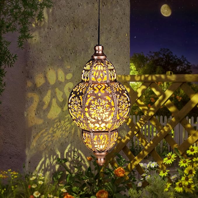 Solar Lanterns Outdoor Garden Decor, Hanging Moroccan Lanterns for Outside, Metal Solar Chandelier Outdoor for Mother's Days Gifts, Patio,Lawn, Yard Art for Women
