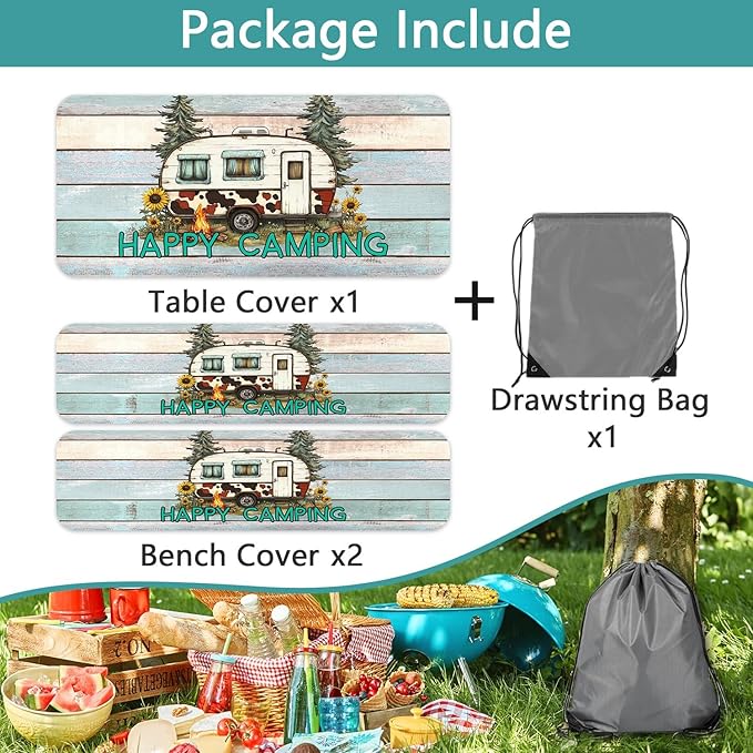 Flowers Picnic Table Cover with Bench Covers and Bag, Camping Essentials, Green Camper Wooden Grain Waterproof, Fitted Tablecloth Cover with Elastic Edge, Outdoor Table Covers, 3 PCS, 30x96 Inch