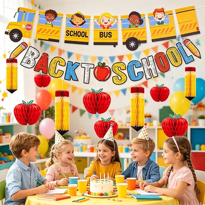 Back to School Party Decoration Set School Bus and Colorful Letters with Apple and Pencil Hanging Honeycomb Decorations