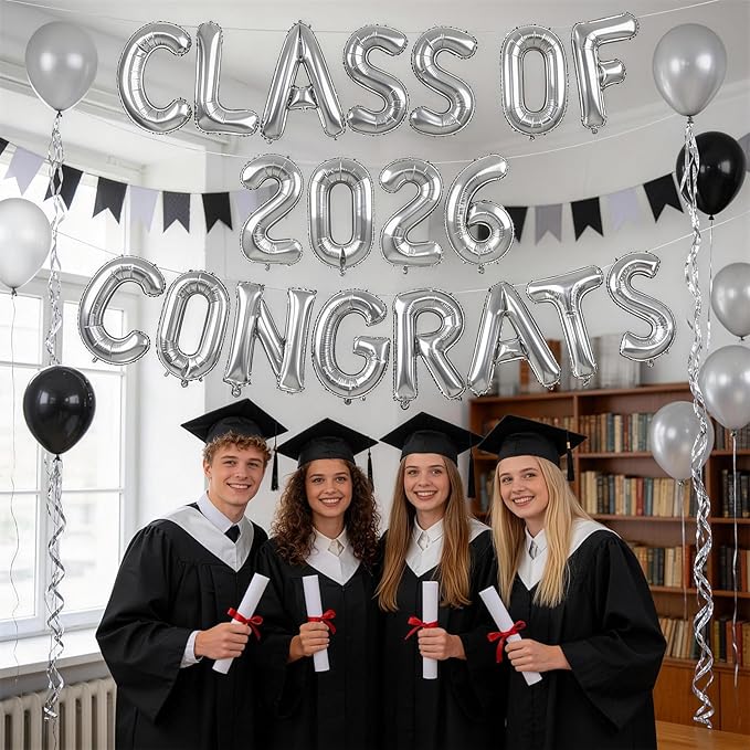 Silver Class of 2026 Congrats Balloons, 2026 Graduation Decorations 16inch Congrats Grad Foil Balloons Banner Sign for Class of 2026 College High School Graduation Prom Party Backdrop Supplies