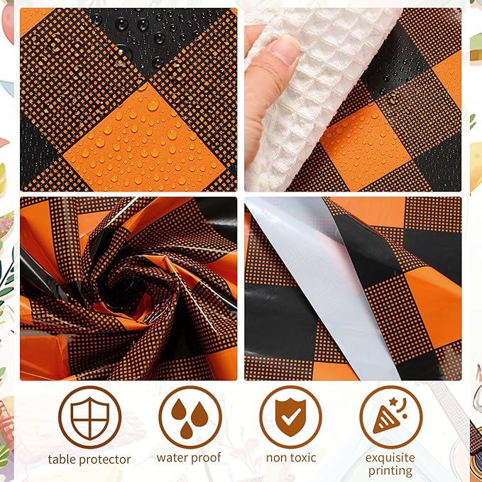 Remagr 3 Pcs Black and Orange Checkered Table Cloth 54 x 108 Inch Disposable Buffalo Plaid Plastic Table Cloth Waterproof Rectangle Gingham Tablecover for Picnic, Dining, Birthday Party Decor