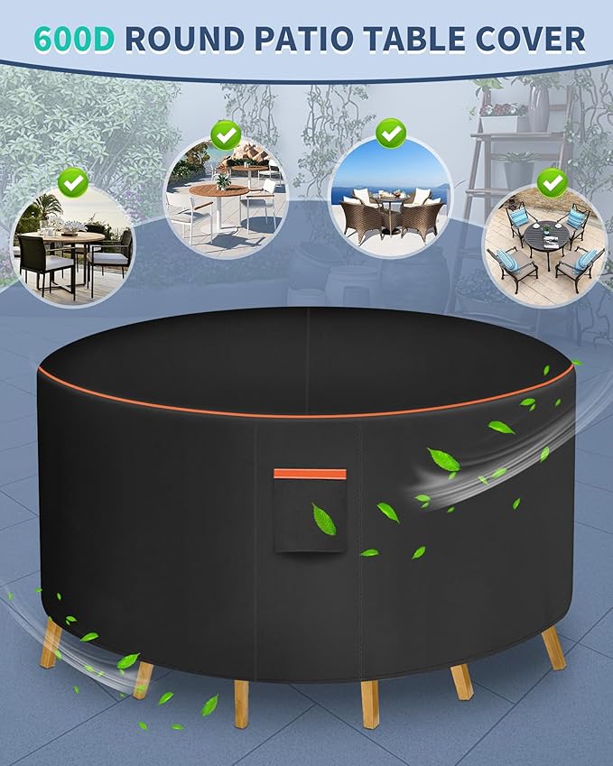 Round Patio Furniture Cover, 48 Inch Diameter Waterproof 600D Heavy Duty Table and Chair Set Protection Black