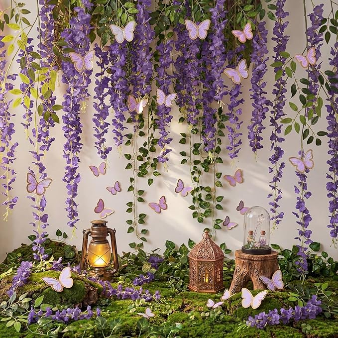 Canlierr 58 Pcs Fairy Party Garland Decoration Artificial Wisteria Hanging Flowers Garland 3.6 Feet Vine Rattan Ivy Greenery Butterfly Decor for Spring Home Garden Wedding Party (Purple)