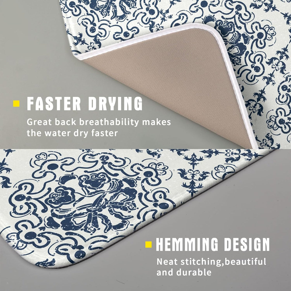 Bohemian Grey Retro Dish Drying Mat for Kitchen Counter,Boho Abstract Flower Art Drying Mat 16 x 18 Inch Microfiber Dish Drying Pad Dish Rack Pad