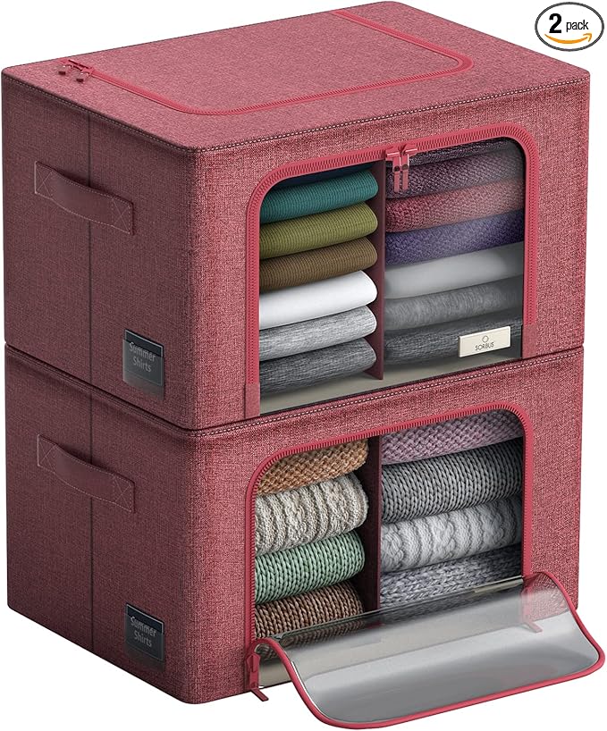 Sorbus Storage Bins with Divided Interior - Large Stackable & Foldable Organizer Containers with Metal Frame, Oxford Fabric, Large Window & Carry Handles - Organization for Bedroom, Linens & Clothes