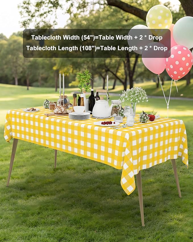 Smiry 20 Packs Gingham Disposable Table Cloth, 54 x 108 Inch Waterproof Plastic Tablecloth, Rectangle Yellow and White Checkered Table Covers for Picnic, Birthday, Party