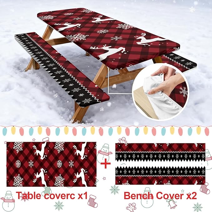 Picnic Table Cover with Bench Covers Set of 3, Elastic Fitted Tablecloth for 6 Foot Tables, Washable Polyester Tablecloths for Camping, Indoor & Outdoor