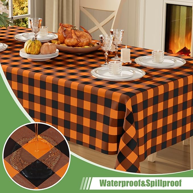 Smiry 10 Pack Gingham Disposable Table Cloth, 54 x 108 Inch Waterproof Plastic Tablecloth, Rectangle Black and Orange Checkered Table Covers for Picnic, Birthday, Party