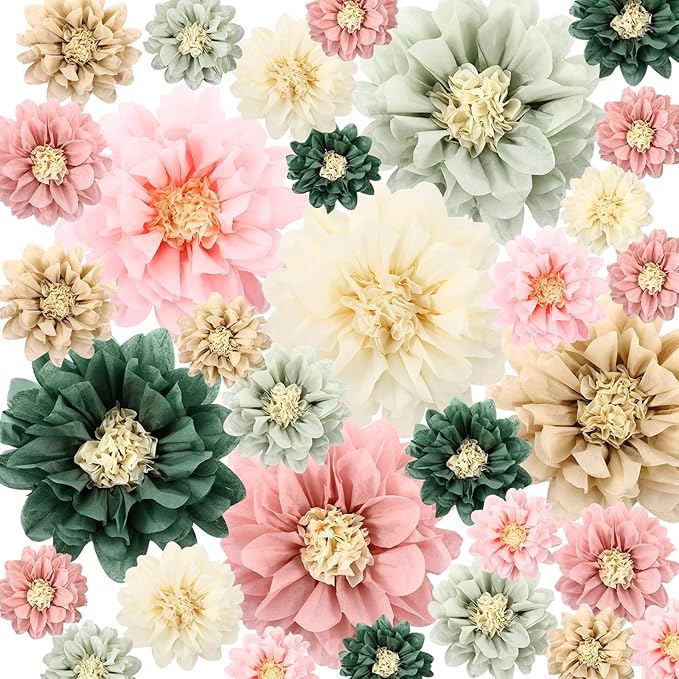 Geyee 18 Pcs Mexican Paper Flowers Colorful Fiesta Tissue Paper Flowers Pom Poms Mexican Carnival for Floral Party Backdrop Wedding Birthday Party Craft (Sage Pink Series,6" 8" 10")
