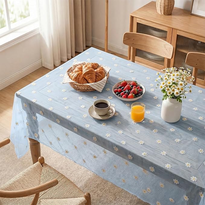 Horaldaily Blue Embroidery Daisy Spring Summer Gauze Tablecloth 60×104 Inch Rectangular, Seasonal Tulle Table Cover, Garden Party Decorations for Wedding, Party, Holiday Dining