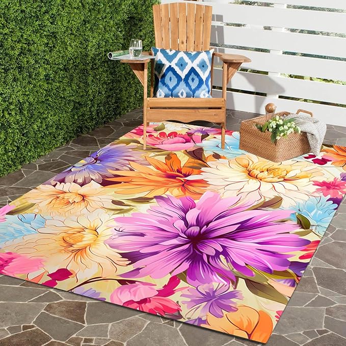 Waterproof Floral 6x9 Outdoor Rug Modern Vibrant Rugs for Balcony Patio Porch Garden Camping Pool Machine Washable Non Shed Outside Carpet Unique Easy Clean Flower Mat Pink Purple