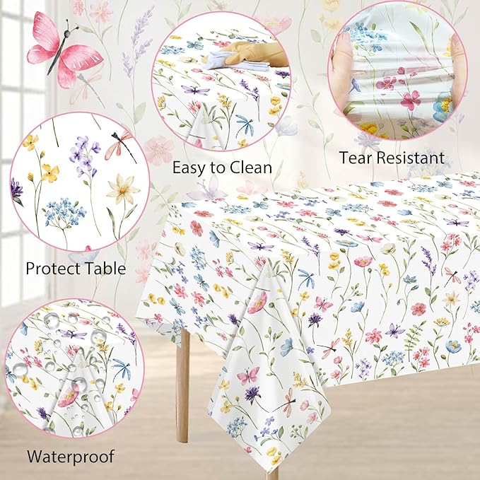 Homanu 3 Pack Wildflower Party Decorations Tablecloths, Large Size 54 X 108 Inch Rectangle Floral Tablecloth Plastic Table Cover for Birthday Party Baby Shower Decorations