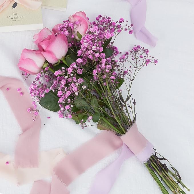 4 Rolls Mauve Handmade Fringe Chiffon Silk Ribbon 1.5" W x 5Yd Per Roll,Frayed Edges Ribbon Set for Gifts Wrapping,Wedding Invitations,Bouquets,DIY Crafts (1.5" x20Yd, Mauve)