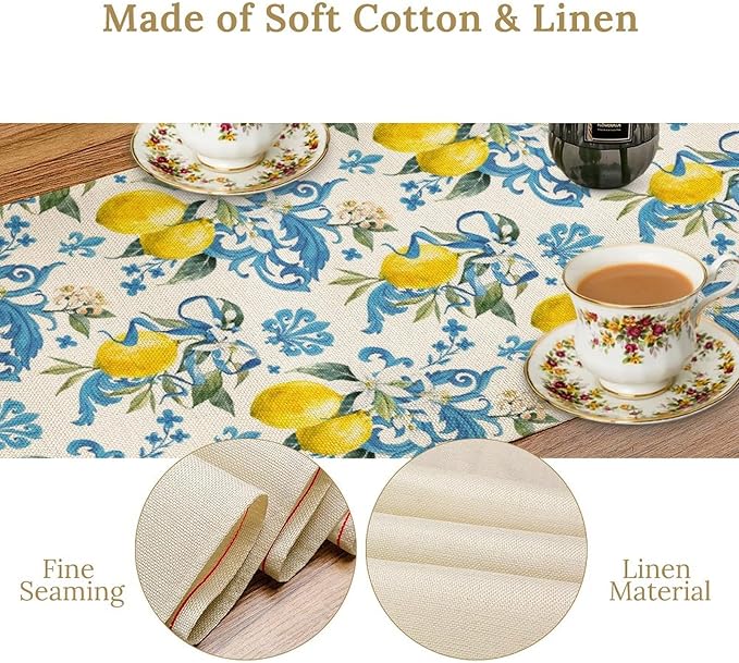 Lemon Flower Table Runner, Summer Fruit Sicilian Style Table Runner for Indoor Outdoor Kitchen Home Party Holiday Dining Table 13x70in