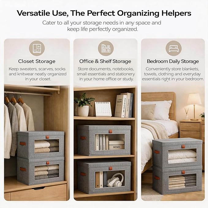 4-Pack Large Storage Bins with Lids,Stackable&Collapsible Closet Storage Bins,Oxford Fabric Organizer Box with Clear Window,Large Decorative Storage Boxes for Closet,Dorm16.5"x11.8"x11"
