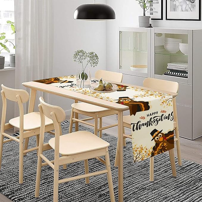 Thanksgiving Turkey Table Runner, Cartoon Turkey Autumn Branch Yellow Leaves Fall Harvest Kitchen Dining Table Decoration for Indoor Outdoor Farmhouse Home Party Decor, 13x36inch