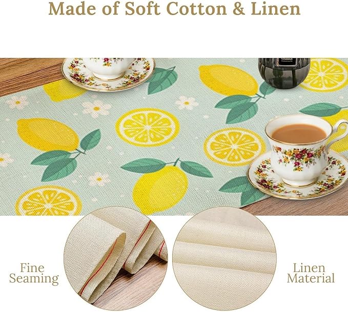 Spring Lemon Table Runner, Summer Seasonal Green Leaves Flowers Yellow Fruit Print Table Runner for Farmhouse Kitchen Dining Table Home Party Decor 13x108in
