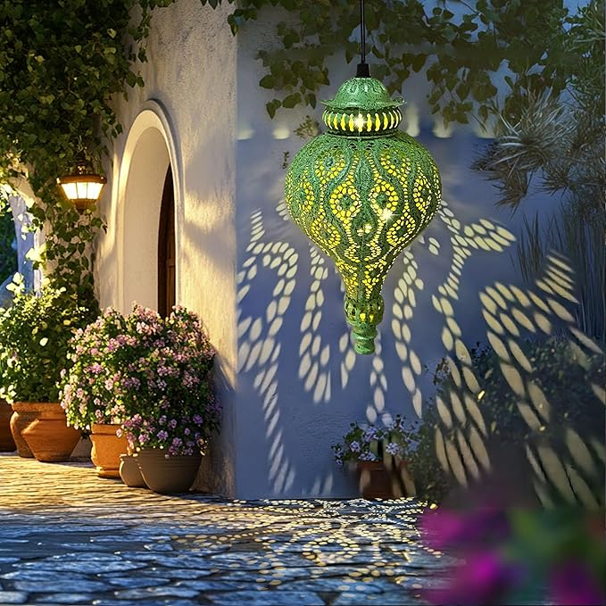 Moroccan Solar Lanterns Outdoor Waterproof Green Hanging Lanterns Outdoor Ramadan Garden Decor Gardening Gifts for Women Mom Grandma Solar Lights for Patio, Pathway, Yard, Porch, Backyard.