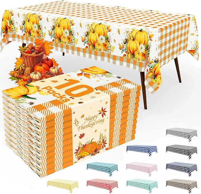 Smiry 10 Pack Gingham Disposable Table Cloth, 54 x 108 Inch Waterproof Plastic Tablecloth, Rectangle Orange Checkered Pumpkin Table Covers for Thanksgiving, Harvest, Birthday, Party