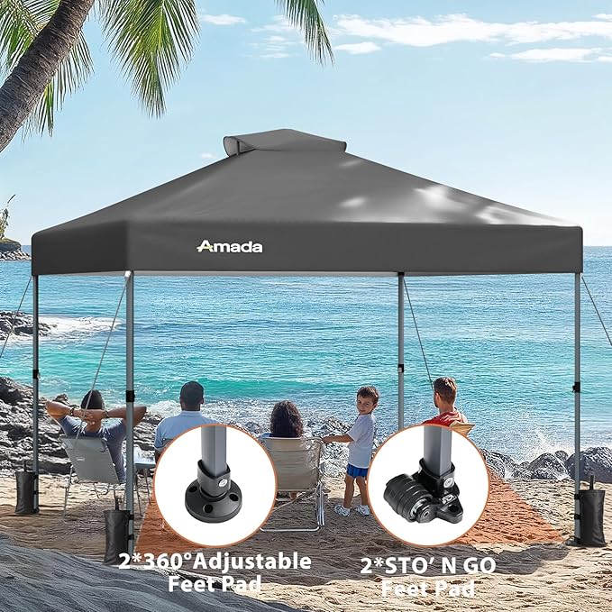 Amada 10x10 Pop Up Canopy - Center Lock One Push Instant Setup Wheeled Gazebo Outdoor Canopy Beach Tent with STO-N-Go Bag 8 Stakes & 4 Sand Bags, 3-Height Adjustable Shade Shelter (10x10ft, Grey)