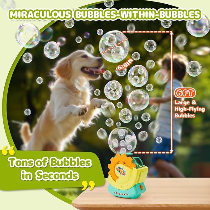 Rechargeable Bubble Machine for Kids – Extra Large Bubbles with Bubble-in-Bubble Effects, Fast Automatic Bubble Maker Toy with 8oz Solution, Bubble Blower for Indoor/Outdoor Play, Party, Wedding, Gift