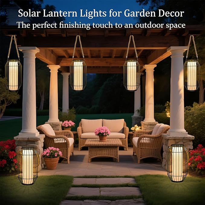 pearlstar Solar Lanterns Outdoor Waterproof Dual Charging (USB/Solar) Hanging Lantern Large Metal Floor Lamp for Patio Table Outside Porch Yard Garden Pool Decor