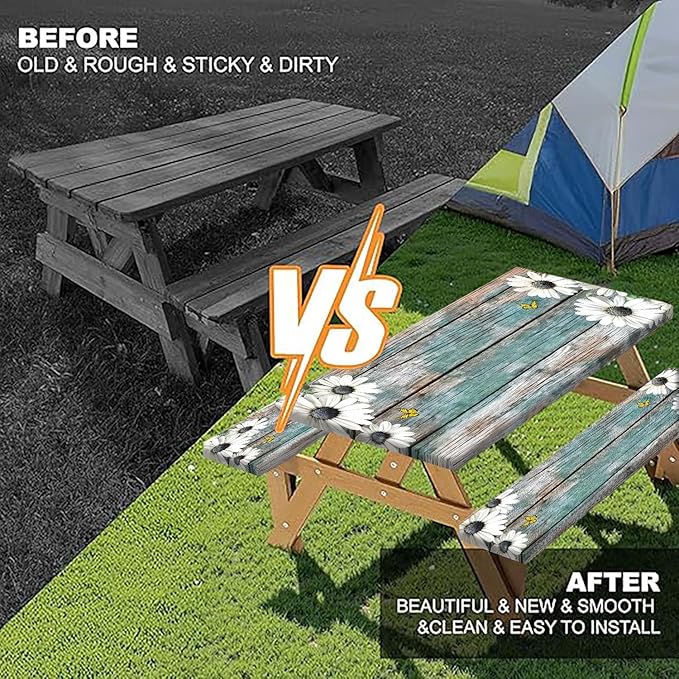 Daisy Flowers Picnic Table Cover with Bench Covers and Bag, Camping Essentials, Wooden Grain Waterproof Windproof, Fitted Tablecloth Cover with Elastic Edge, for Indoor & Outdoor, 3 PCS, 30x60 Inch