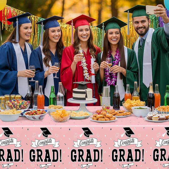 2 PCS Graduation Tablecloth, 108" X 54" Pink Graduation Decorations 2026, Disposable Plastic Tablecover for Class of 2026 Congrats Grad, Rectangle Table Cloths for Grad Decor Party Supplies for Kids