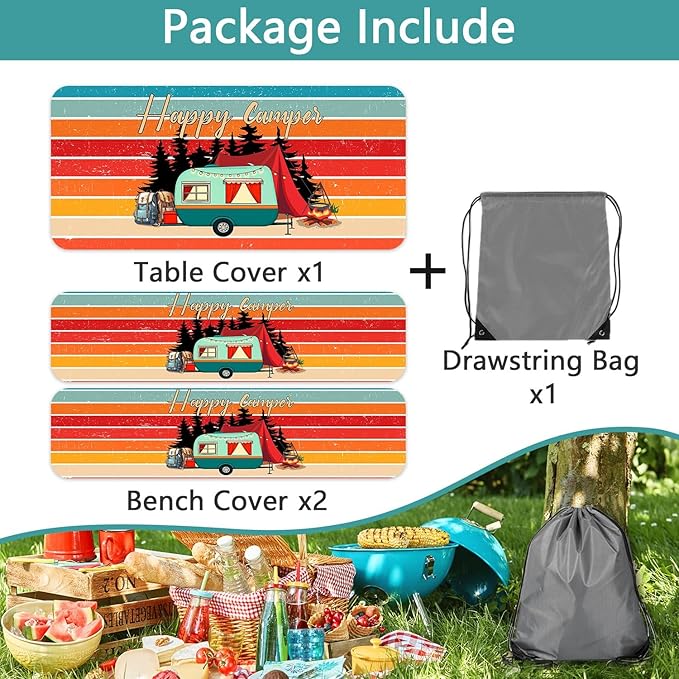 JAWO 96in Picnic Table Cover with Bench Covers, Camping Essentials Water Resistant Windproof Picnic Table Cloth,Fitted Tablecloth Cover with Elastic Edge for Indoor Outdoor, Camper Fitted Table Cover