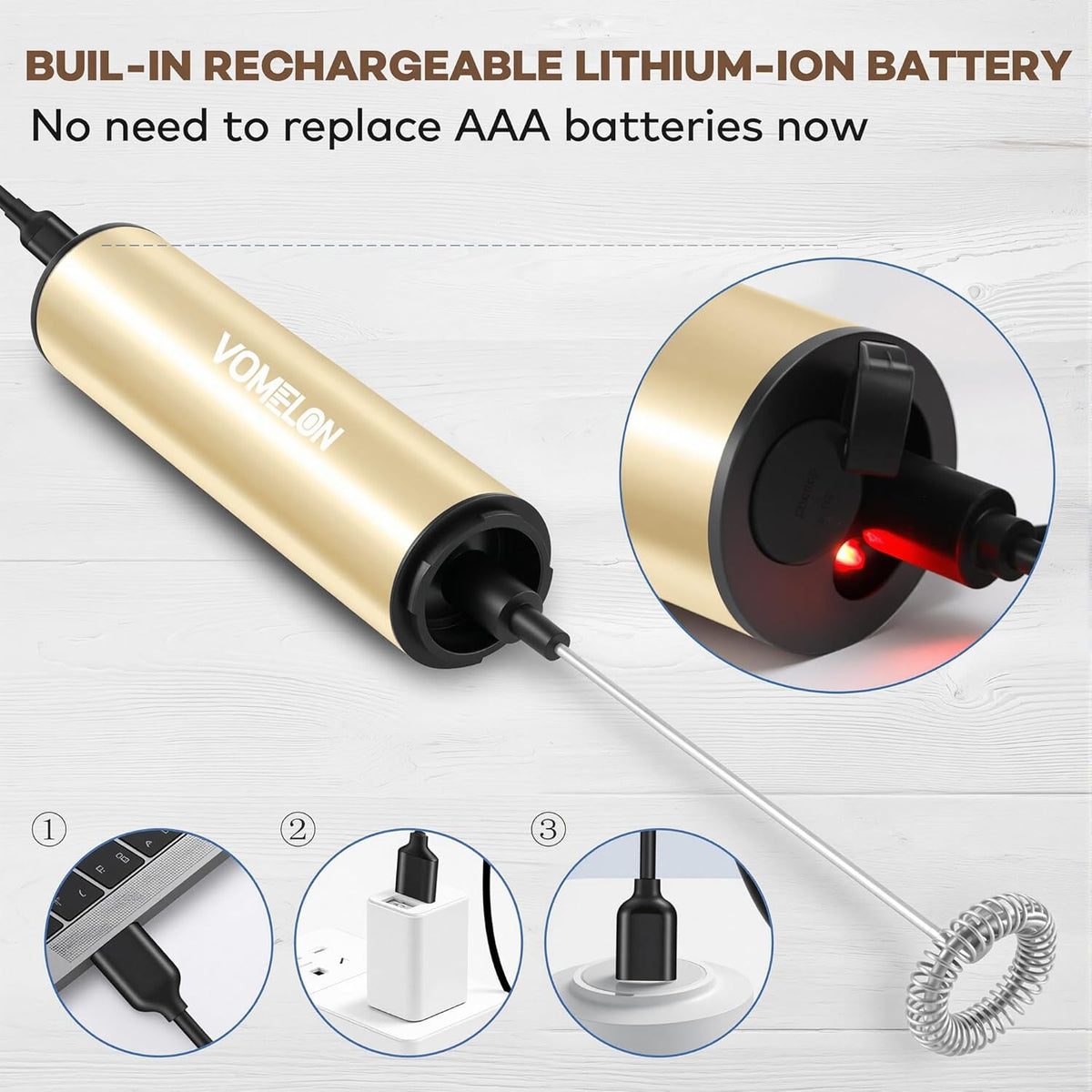 Rechargeable Milk Frother Handheld Electric Frother Wand Milk Foamer Drink Mixer for Coffee, Lattes, Cappuccino, and Egg
