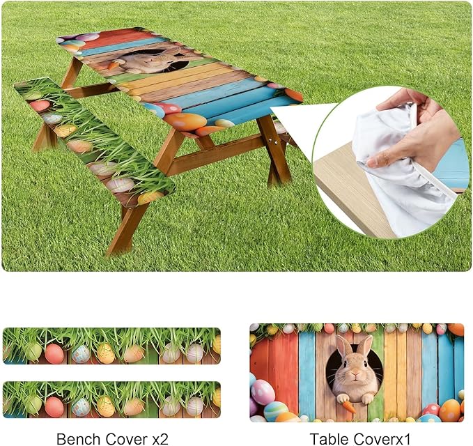 ANNA QUEEN 6FT Easter Bunny Picnic Table Cover with Bench Covers Picnic Table Cover Set 3PCS 72"x30", Outdoor Bench and Tablecloth Furniture Protection