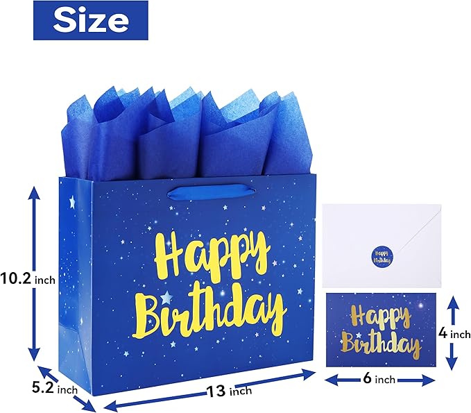 Qirrmiy 13" Large Blue Gift Bag Set with Greeting Card and Tissue Papers (Stars and Gold Foil‘Happy Birthday’) for Men's or Boys, Girls or Kids, Baby, Husband, Father
