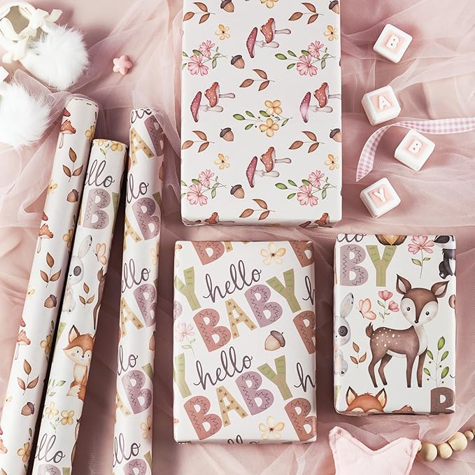 WRAPAHOLIC Kraft Baby Shower Wrapping Paper - Mini Roll - 3 Rolls - 17 Inch x 120 Inch - Little Woodland Animal Wrapping Paper for Baby Shower, Kids Girls Boys Birthday