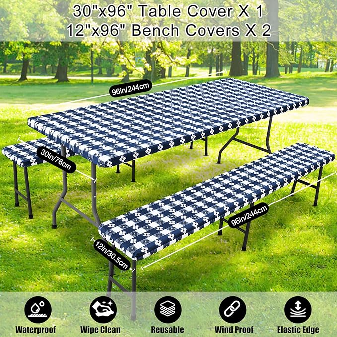 Smiry Picnic Table Cover with Bench Covers, Waterproof Elastic Fitted Tablecloth for 8 Foot Tables, Washable Polyester Tablecloths for Camping & Indoor (Dark Blue & White, 30x96 Inch 3-pc Set)